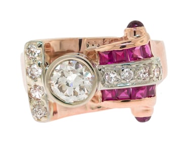 RETRO ROSE GOLD RUBY & DIAMOND RING.