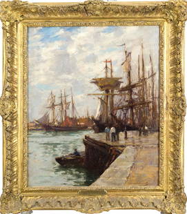 TERRICK WILLIAMS OIL, MORNING, POOLE HARBOUR.: Terrick John Williams (1860 - 1936) oil on canvas, labeled on frame plaque, 'Morning, Poole Harbour’, signed lower right, Terrick Williams. Canvas, 20” x 16”, Overall in a gilt frame