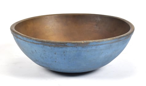 19TH C. LARGE BLUE PAINTED WOOD BOWL.