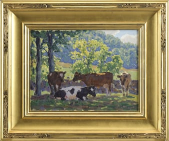 EDWARD CHARLES VOLKERT OIL, COWS IN LANDSCAPE.