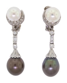 18K GOLD PEARL & DIAMOND DANGLE CLIP EARRINGS.