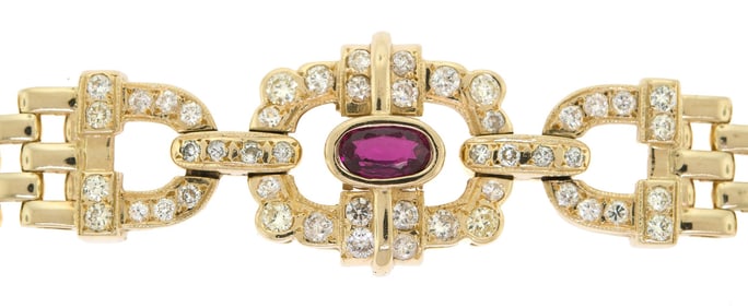 14K YELLOW GOLD BRACELET W/ RUBY & DIAMONDS.