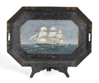 MID-19TH C. TIN TRAY, AMERICAN SAILING SHIP.