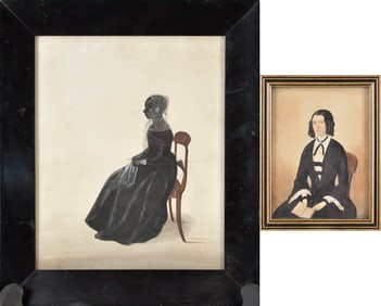 TWO 19TH C. WATERCOLOR PORTRAITS, SEATED WOMEN.