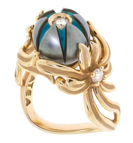 GALATEA 14K TAHITIAN PEARL, TURQUOISE & DIAM. RING.