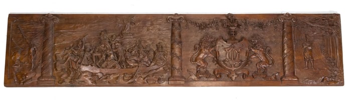 CA. 1900 WALNUT RELIEF CARVING, E.M. HIGGINS.