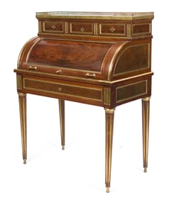 ANTIQUE BRASS BOUND FRENCH ROLL TOP DESK.