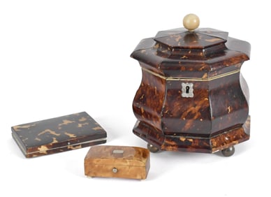 ANTIQUE TORTOISESHELL TEA CADDY, CARD CASE, PILL BOX.