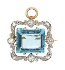 VINTAGE AQUAMARINE & DIAMOND PENDANT/PIN.