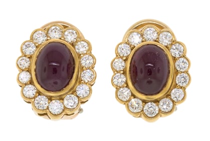 18K GOLD CABOCHON RUBY & DIAMOND EARRINGS.