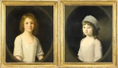 18TH C. ENGLISH SCHOOL PORTRAIT, YOUNG GIRLS.