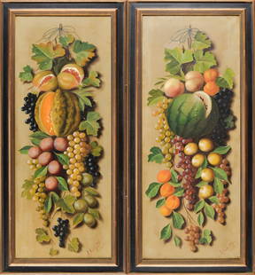 TWO MICHANGELO MEUCCI OILS, STILL LIFES.: Michelangelo Meucci (Italy, 1840 - 1909) two oils on canvas, still lifes with garlands of fruit. Both signed lower right M. Meucci 1905 Firenze. Canvases, 39.5” x 15.5”, overall in frames,