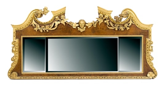 18TH C. WALNUT CARVED AND GILT MANTLE MIRROR.