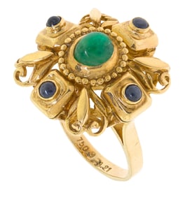 GREEK 18K GOLD EMERALD & SAPPHIRE RING.