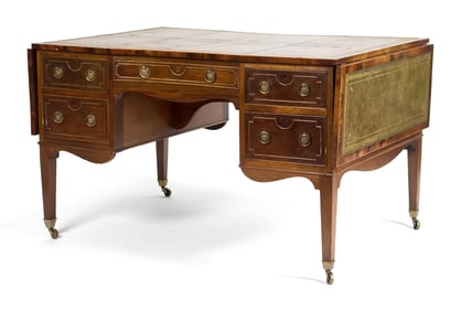 19TH C. EDWARDIAN MAHOGANY AND LEATHER PARTNERS DESK.