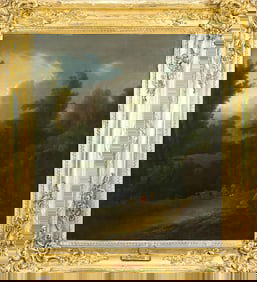 18TH/19TH C. ENGLISH OIL, FIGURES IN LANDSCAPE.