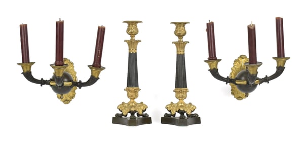 PAIR 19TH C. FRENCH WALL SCONCES AND CANDLE STICKS.