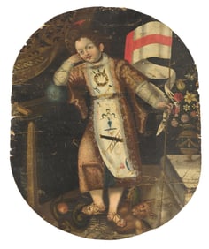 18TH C. SPANISH COLONIAL OIL, RELIGIOUS ICONOGRAPHY.