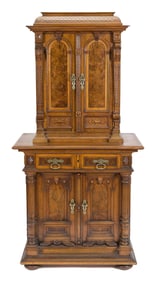 19TH C. TWO PART WALNUT SPECIMEN CABINET.