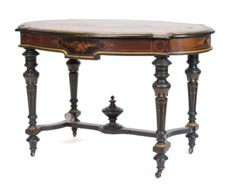 A 19TH C. RENAISSANCE REVIVAL INLAID PARLOR TABLE.