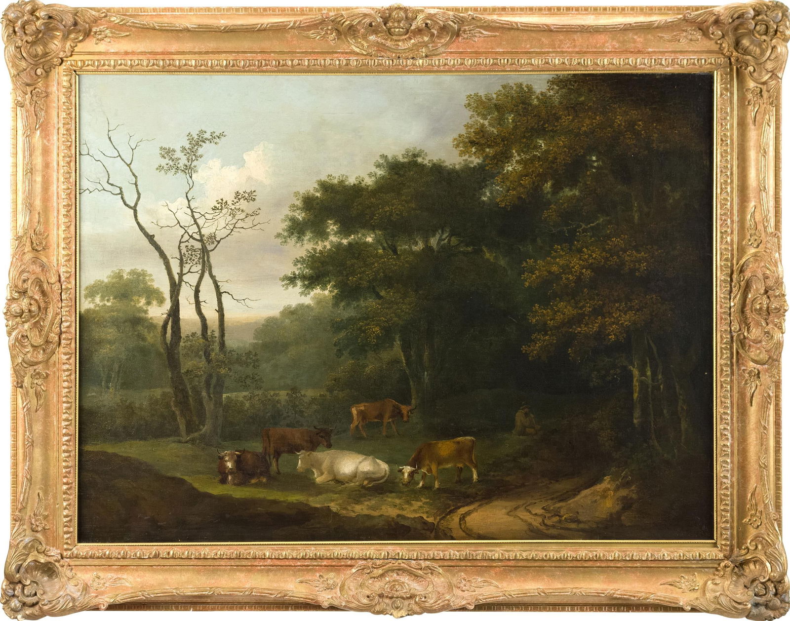 18TH /19TH C. ENGLISH SCHOOL OIL, LANDSCAPE.: Ca. 1800 oil on canvas, cows and figure in landscape, attributed to Thomas Barker, (1769-1847), image 25” x 33.5”, overall in frame 33” x 41”. Provenance: Alfred Boullard Inc P