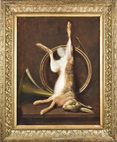 CLAUDIUS SEIGNOL OIL, DEAD GAME WITH HUNTING BUGLE.