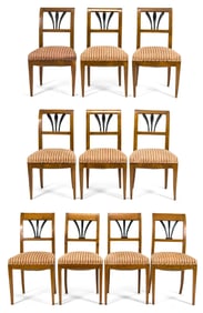 TEN 19TH C. BIEDERMEIER DINING CHAIRS.