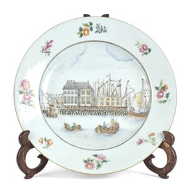 18TH C. CHINESE EXPORT PLATE, AMSTERDAM HARBOR.