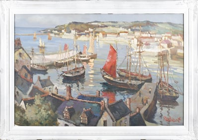 20TH C. OIL, SIGNED ROBERT, HARBOR SCENE.