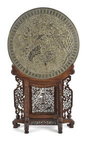 LARGE ANTIQUE SIGNED CHINESE BRONZE TABLE SCREEN.