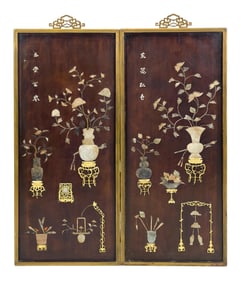 CHINESE LACQUERED WALL PLAQUES WITH HARDSTONES.