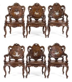 FINE SET OF SIX CHINESE MOP INLAID ROSEWOOD CHAIRS.