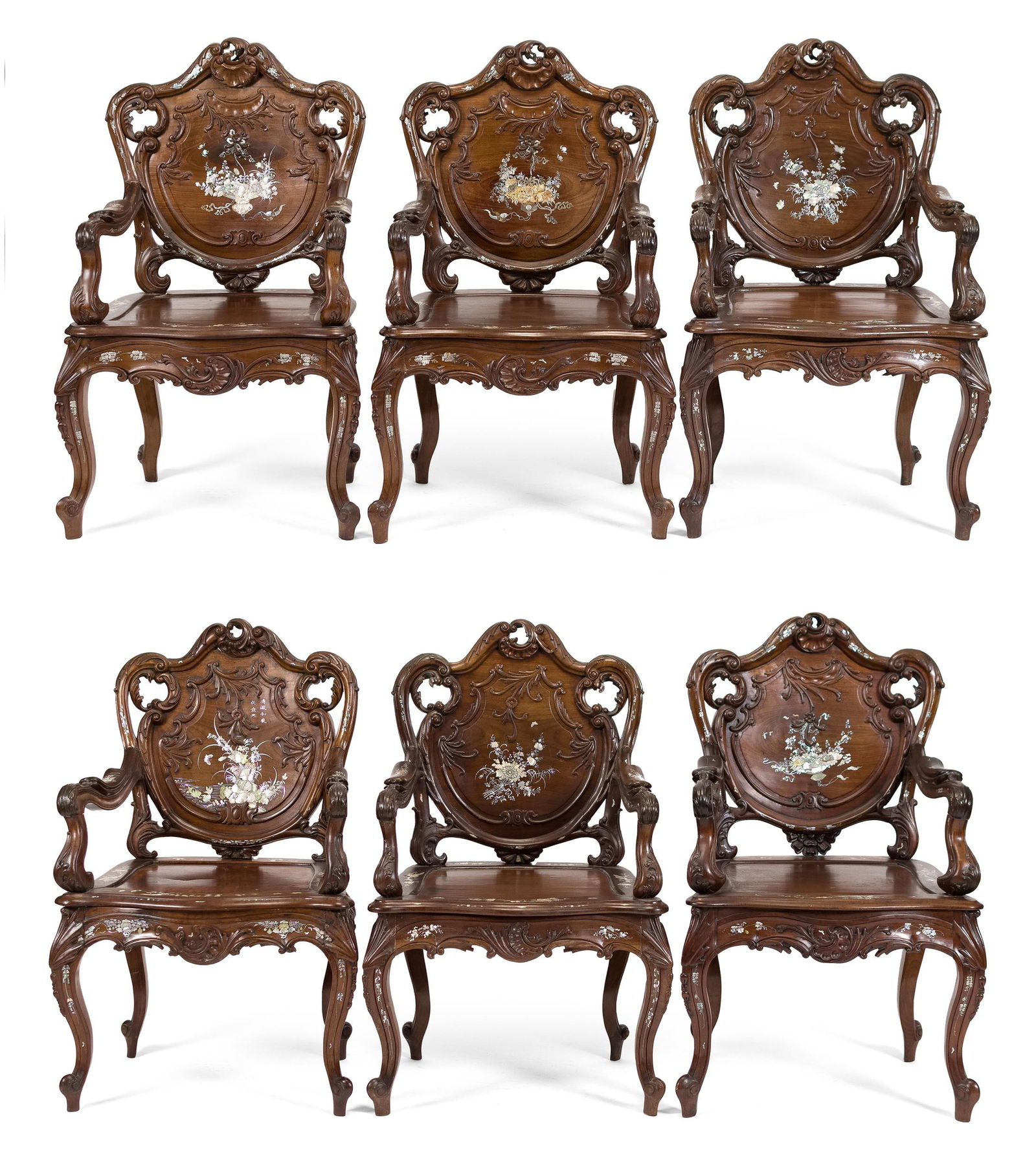 FINE SET OF SIX CHINESE MOP INLAID ROSEWOOD CHAIRS. (1 of 20)