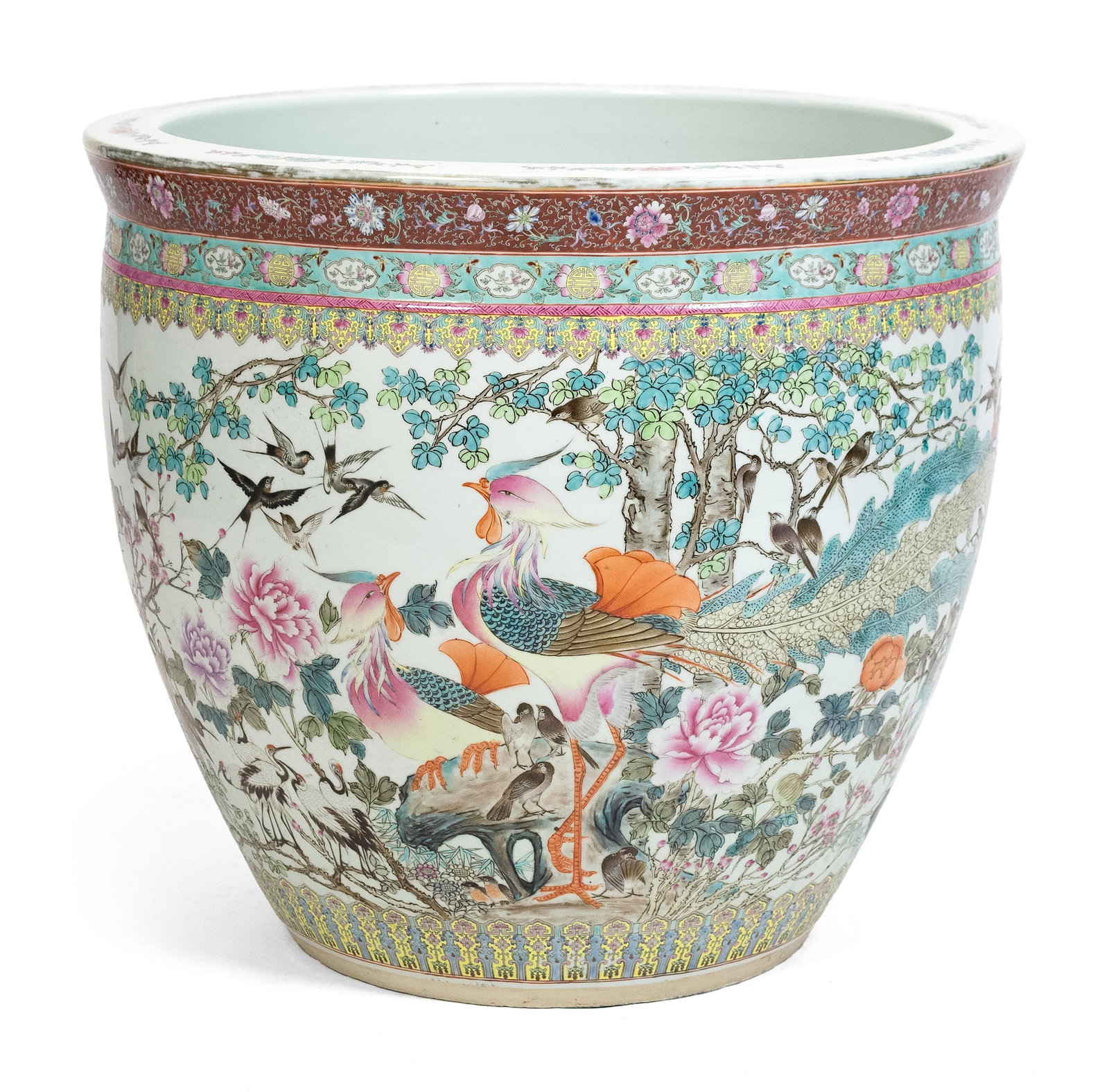 FANTASTIC ANTIQUE LARGE SIZE PORCELAIN FISH BOWL.: Wonderfully decorated with birds, ducks and floral motifs in a famille rose palette, signed on body with character marks. 24.25”H x 28” dia.