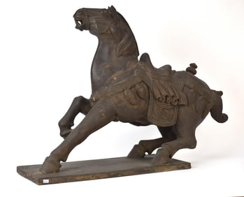ANTIQUE CARVED AND LACQUERED TANG STYLE HORSE.