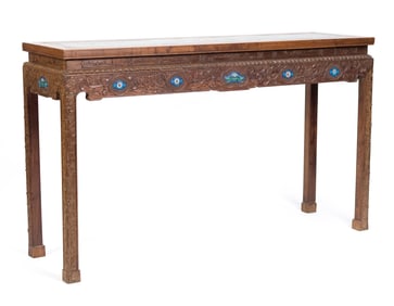ANTIQUE CHINESE CLOISONNE AND ROSEWOOD ALTAR TABLE.