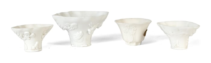 FOUR ANTIQUE CHINESE BLANC DE CHINE CUPS.