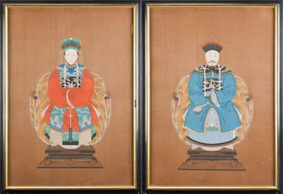 PAIR ANTIQUE CHINESE ANCESTRAL  PORTRAITS.