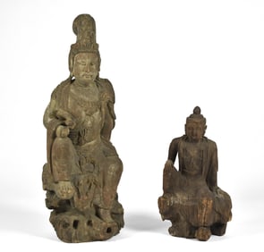 TWO EARLY CARVED CHINESE WOOD BUDDHA FIGURES.