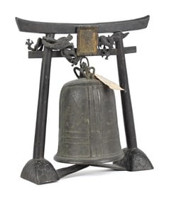 ANTIQUE CHINESE BRONZE TEMPLE BELL AND HOLDER.