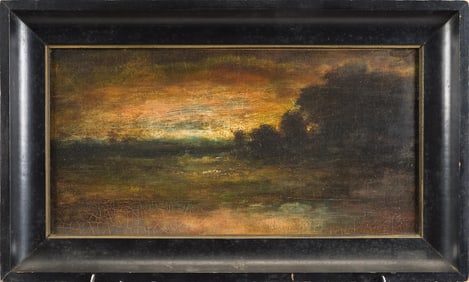 RALPH A. BLAKELOCK OIL ON CANVAS, LUMINOUS LANDSCAPE.