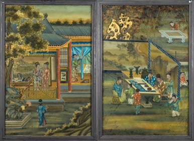 TWO E. 20TH C. CHINESE REVERSE PAINTINGS ON GLASS.