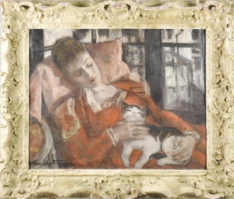 LILLIAN COTTON OIL ON CANVAS, WOMAN WITH CAT.