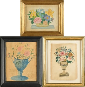 THREE 19TH C. WATERCOLORS, FLORAL STILL LIFES.