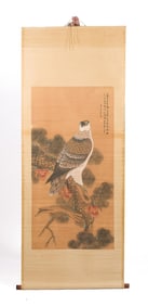 ANTIQUE CHINESE WATERCOLOR SCROLL, HAWK ON PINE.
