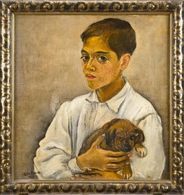LILJA BUSSE OIL, PORTRAIT OF BOY AND DOG.