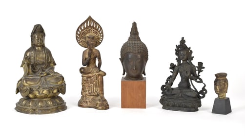 FIVE VINTAGE & ANTIQUE BRONZE ASIAN BUDDHAS.