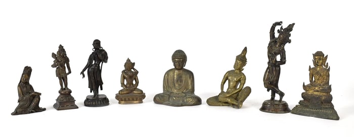 EIGHT VINTAGE ASIAN BRONZE FIGURES.