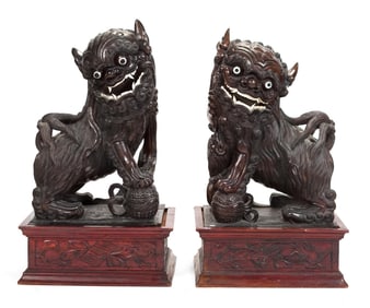 PR. LARGE ANTIQUE CHINESE CARVED ROSEWOOD FOO DOGS.