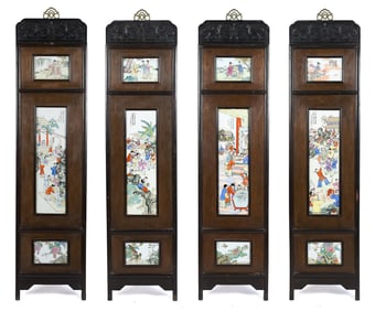 FOUR 20TH C. CHINESE ROOM SCREENS, PORCELAIN PLAQUES.